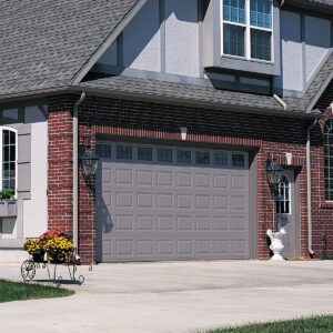 Grey garage door on a single-family home